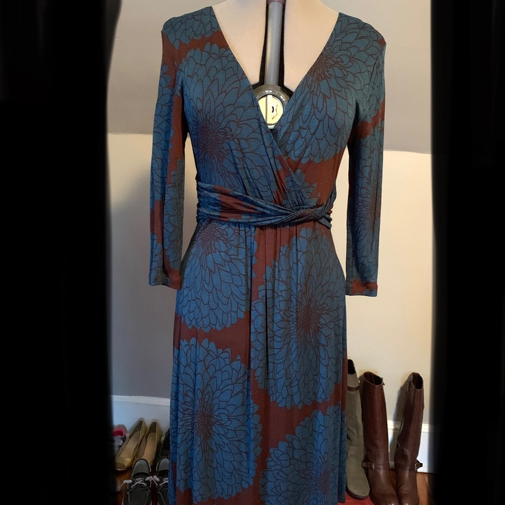 Boden Brown & Teal dress w wrap detail waist